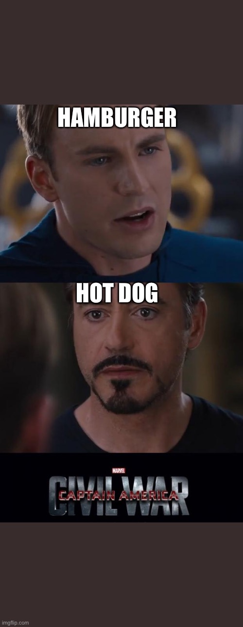 Marvel Civil War | HAMBURGER; HOT DOG | image tagged in memes,marvel civil war | made w/ Imgflip meme maker