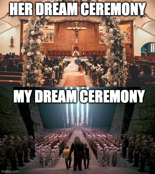 This is why nobody wants to marry me... | HER DREAM CEREMONY; MY DREAM CEREMONY | image tagged in star wars,marriage,wedding,memes,funny,crowd | made w/ Imgflip meme maker