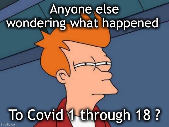 Did I miss something? | Anyone else wondering what happened; To Covid 1 through 18 ? | image tagged in futurama fry,covid 19,coronavirus,did i miss something | made w/ Imgflip meme maker
