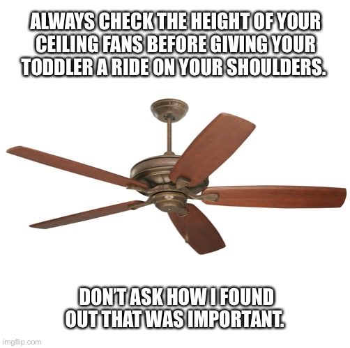 Ceiling fan | ALWAYS CHECK THE HEIGHT OF YOUR
CEILING FANS BEFORE GIVING YOUR
TODDLER A RIDE ON YOUR SHOULDERS. DON’T ASK HOW I FOUND OUT THAT WAS IMPORTANT. | image tagged in ceiling fan,shoulders,kids,toddler,memes,funny memes | made w/ Imgflip meme maker
