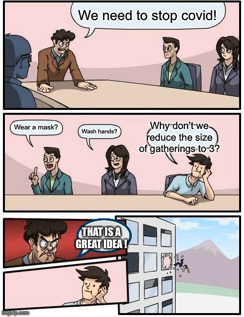 Boardroom Meeting Suggestion | We need to stop covid! Why don’t we reduce the size of gatherings to 3? Wear a mask? Wash hands? THAT IS A GREAT IDEA ! | image tagged in memes,boardroom meeting suggestion | made w/ Imgflip meme maker