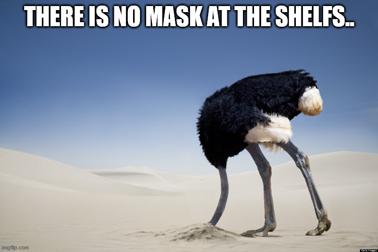 Ostrich head in sand | THERE IS NO MASK AT THE SHELFS.. | image tagged in ostrich head in sand | made w/ Imgflip meme maker