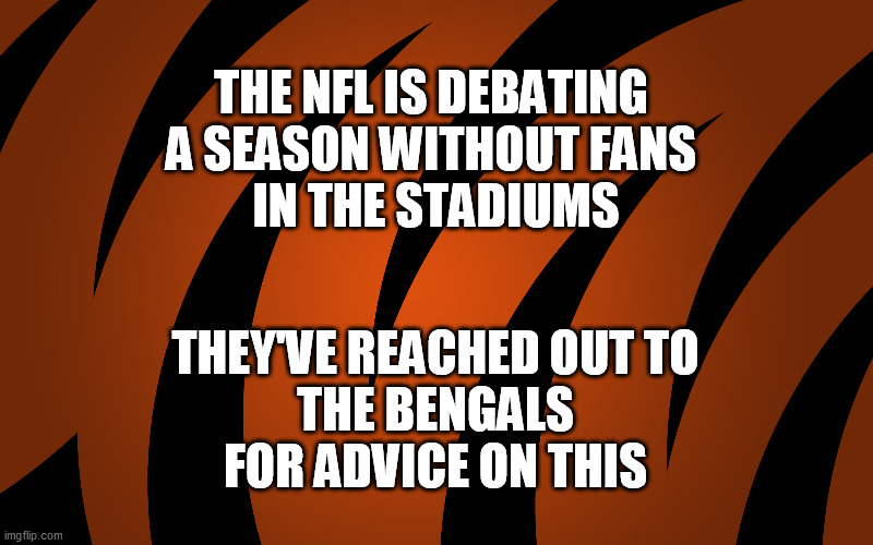 Not a Fan | THE NFL IS DEBATING 
A SEASON WITHOUT FANS 
IN THE STADIUMS; THEY'VE REACHED OUT TO
 THE BENGALS 
FOR ADVICE ON THIS | image tagged in covid-19,cincinnati,bengals,nfl,football | made w/ Imgflip meme maker