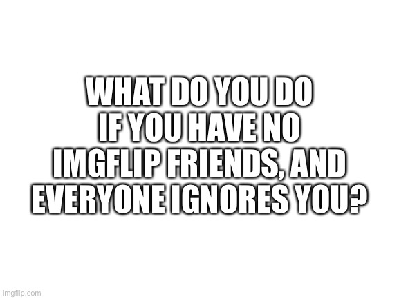 Blank White Template | WHAT DO YOU DO IF YOU HAVE NO IMGFLIP FRIENDS, AND EVERYONE IGNORES YOU? | image tagged in blank white template | made w/ Imgflip meme maker
