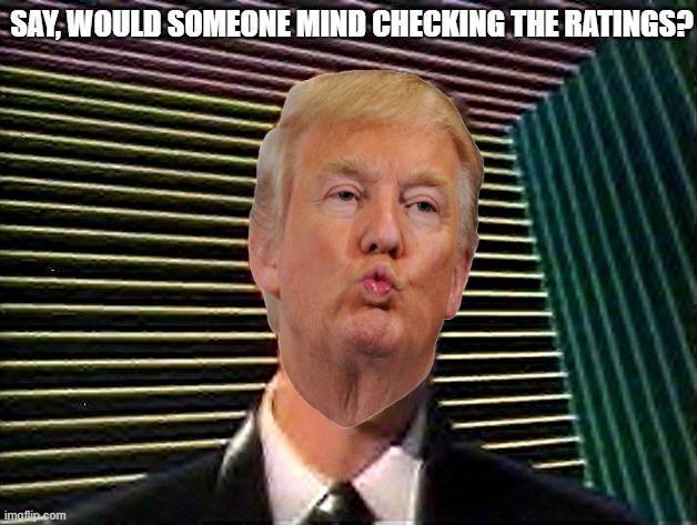 Trump Headroom | SAY, WOULD SOMEONE MIND CHECKING THE RATINGS? | image tagged in max headroom does it sc-sc-sc-scare you | made w/ Imgflip meme maker