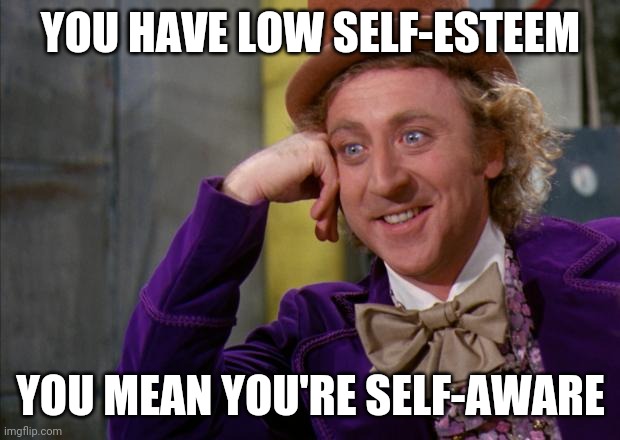 Wonka | YOU HAVE LOW SELF-ESTEEM; YOU MEAN YOU'RE SELF-AWARE | image tagged in willy wonka hd,creepy condescending wonka | made w/ Imgflip meme maker