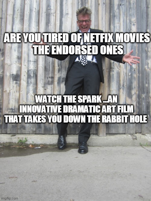 The Spark | ARE YOU TIRED OF NETFIX MOVIES
 THE ENDORSED ONES; WATCH THE SPARK ...AN INNOVATIVE DRAMATIC ART FILM
THAT TAKES YOU DOWN THE RABBIT HOLE | image tagged in film,arthouse,dramatic,the truth,psychological,mind games | made w/ Imgflip meme maker