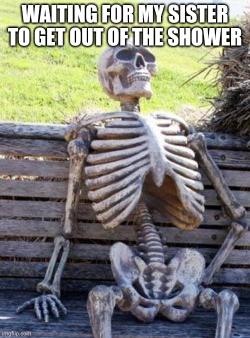 Waiting Skeleton | WAITING FOR MY SISTER TO GET OUT OF THE SHOWER | image tagged in memes,waiting skeleton | made w/ Imgflip meme maker