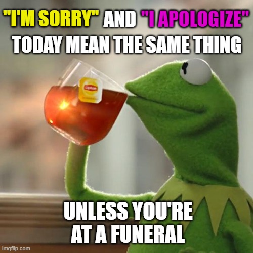 It would make a very big difference which one you choose to say! | "I'M SORRY"; "I APOLOGIZE"; AND; TODAY MEAN THE SAME THING; UNLESS YOU'RE AT A FUNERAL | image tagged in philosoraptor,kermit the frog,think about it,puns,funny,imgflip | made w/ Imgflip meme maker