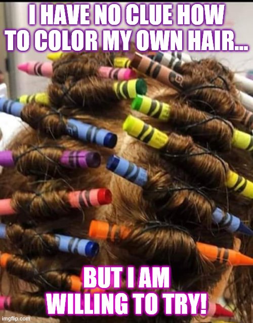 sometimes a girls gotta do, what a girl don't know how to do | I HAVE NO CLUE HOW TO COLOR MY OWN HAIR... BUT I AM WILLING TO TRY! | image tagged in hairstyle,hair,color,crayons,diy fails | made w/ Imgflip meme maker