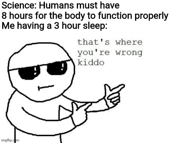That's where you're wrong kiddo | Science: Humans must have 8 hours for the body to function properly
Me having a 3 hour sleep: | image tagged in that's where you're wrong kiddo,science,sleep,memes,body | made w/ Imgflip meme maker