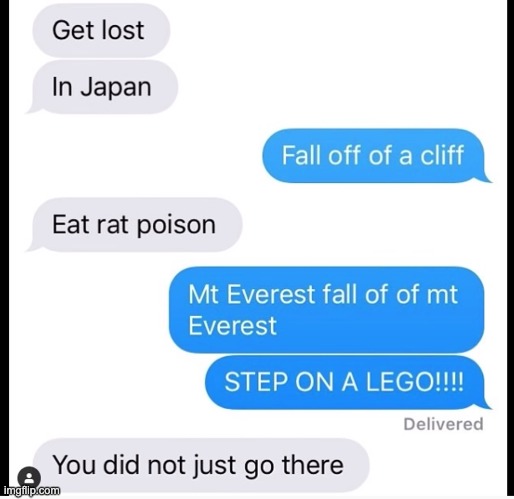 that is way too extreme | image tagged in lego,step on a lego,texts | made w/ Imgflip meme maker