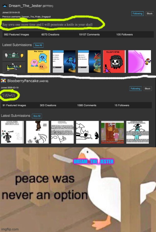 oof | DREAM_THE_JESTER | image tagged in untitled goose peace was never an option | made w/ Imgflip meme maker