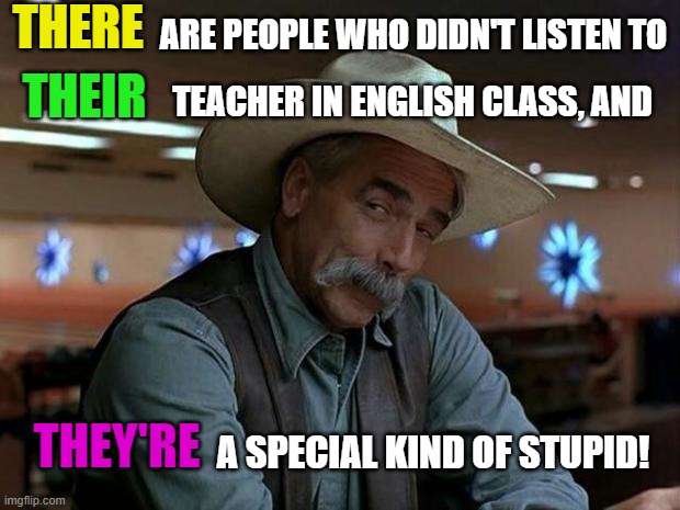 It's not a big deal, really.  Although some people really get triggered by the grammatical errors on ImgFlip! | THERE; ARE PEOPLE WHO DIDN'T LISTEN TO; THEIR; TEACHER IN ENGLISH CLASS, AND; THEY'RE; A SPECIAL KIND OF STUPID! | image tagged in special kind of stupid,imgflip,imgflip users,spelling,bad grammar and spelling memes,spelling error | made w/ Imgflip meme maker