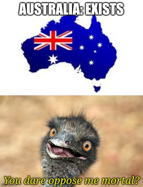 Emuuuuu | AUSTRALIA: EXISTS | image tagged in australia,emu you dare oppose me mortal,emu,memes | made w/ Imgflip meme maker