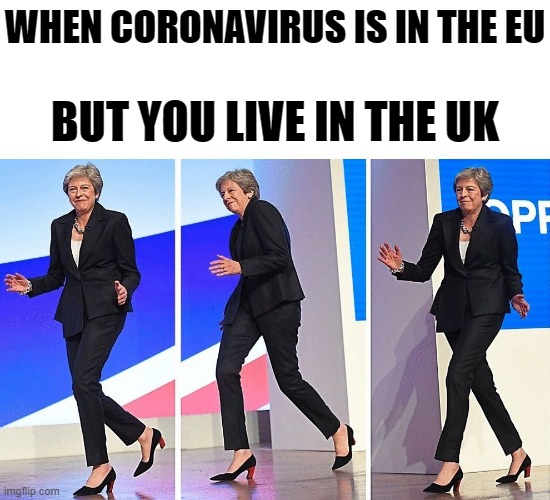 Double Roast | WHEN CORONAVIRUS IS IN THE EU; BUT YOU LIVE IN THE UK | image tagged in theresa may walking,memes,funny memes,coronavirus,brexit,corona | made w/ Imgflip meme maker