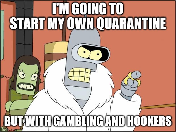 If you want us not to complain about the quarantine ... | I'M GOING TO START MY OWN QUARANTINE; BUT WITH GAMBLING AND HOOKERS | image tagged in bender,qaurantine | made w/ Imgflip meme maker