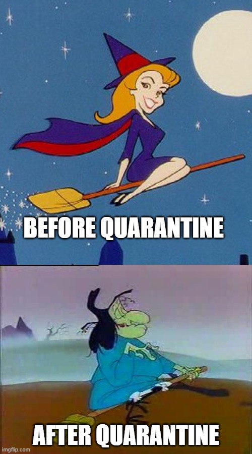 Spot the differences | BEFORE QUARANTINE; AFTER QUARANTINE | image tagged in bewitched,witch hazel,witch | made w/ Imgflip meme maker