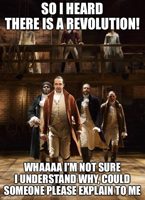 Hamilton | SO I HEARD THERE IS A REVOLUTION! WHAAAA I'M NOT SURE I UNDERSTAND WHY, COULD SOMEONE PLEASE EXPLAIN TO ME | image tagged in hamilton | made w/ Imgflip meme maker