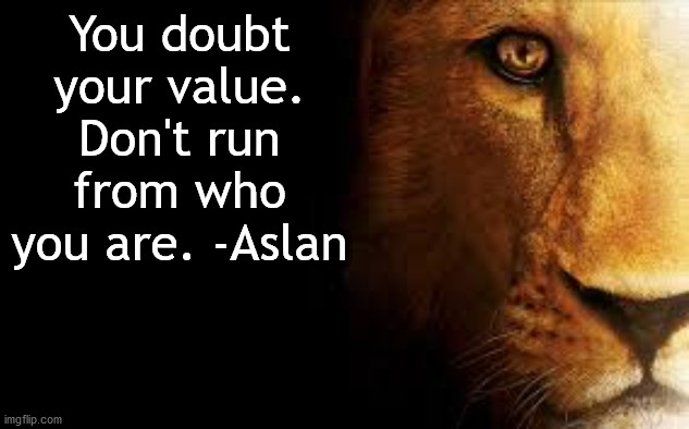 Aslan Quote | You doubt your value. Don't run from who you are. -Aslan | image tagged in aslan quote | made w/ Imgflip meme maker