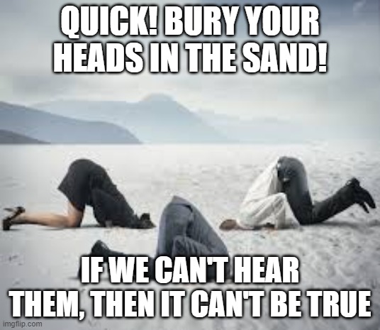 ostrich head in sand | QUICK! BURY YOUR HEADS IN THE SAND! IF WE CAN'T HEAR THEM, THEN IT CAN'T BE TRUE | image tagged in ostrich head in sand | made w/ Imgflip meme maker