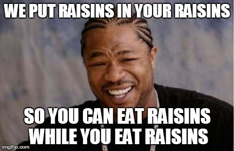 Yo Dawg Heard You Meme | WE PUT RAISINS IN YOUR RAISINS SO YOU CAN EAT RAISINS WHILE YOU EAT RAISINS | image tagged in memes,yo dawg heard you | made w/ Imgflip meme maker