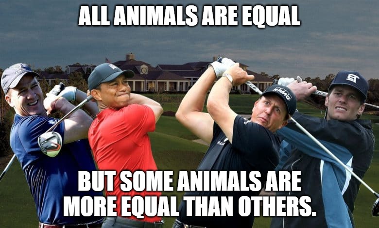 Corona Privilege | ALL ANIMALS ARE EQUAL; BUT SOME ANIMALS ARE MORE EQUAL THAN OTHERS. | image tagged in the match,animal farm,tiger woods,tom brady,peyton manning,phil mickelson | made w/ Imgflip meme maker