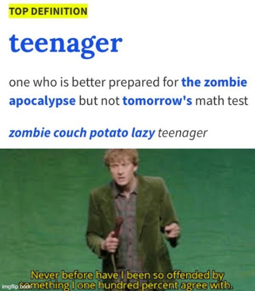 I bet everyone agrees wth this | image tagged in i have never been so offended,memes,funny,teen,zombies | made w/ Imgflip meme maker