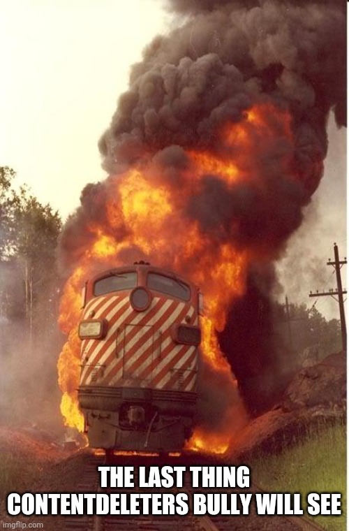 Train Fire | THE LAST THING CONTENTDELETERS BULLY WILL SEE | image tagged in train fire | made w/ Imgflip meme maker