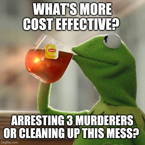 But That's None Of My Business | WHAT'S MORE COST EFFECTIVE? ARRESTING 3 MURDERERS OR CLEANING UP THIS MESS? | image tagged in memes,but that's none of my business,kermit the frog,justice,george floyd,black lives matter | made w/ Imgflip meme maker