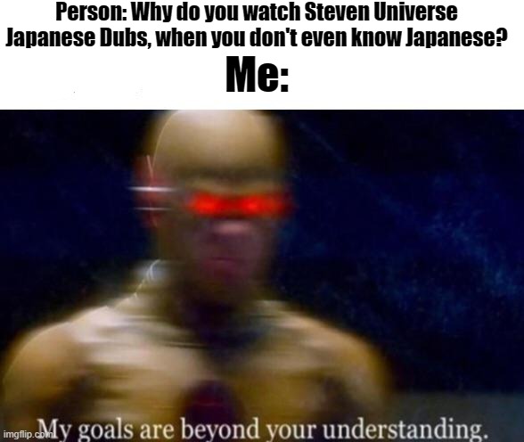 True dat | Person: Why do you watch Steven Universe Japanese Dubs, when you don't even know Japanese? Me: | image tagged in my goals are beyond your understanding,steven universe,japanese | made w/ Imgflip meme maker