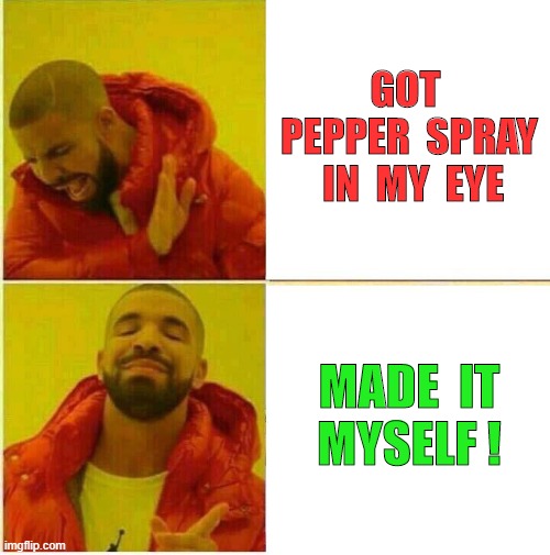 Policed myself | GOT  PEPPER  SPRAY  IN  MY  EYE; MADE  IT
MYSELF ! | image tagged in drake hotline approves,pepper spray,police,riot | made w/ Imgflip meme maker