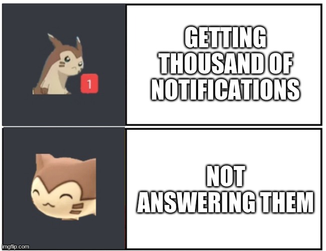 hehehe | GETTING THOUSAND OF NOTIFICATIONS; NOT ANSWERING THEM | image tagged in furret meme template | made w/ Imgflip meme maker