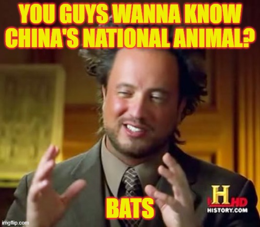 Ancient Bats | YOU GUYS WANNA KNOW CHINA'S NATIONAL ANIMAL? BATS | image tagged in memes,ancient aliens | made w/ Imgflip meme maker