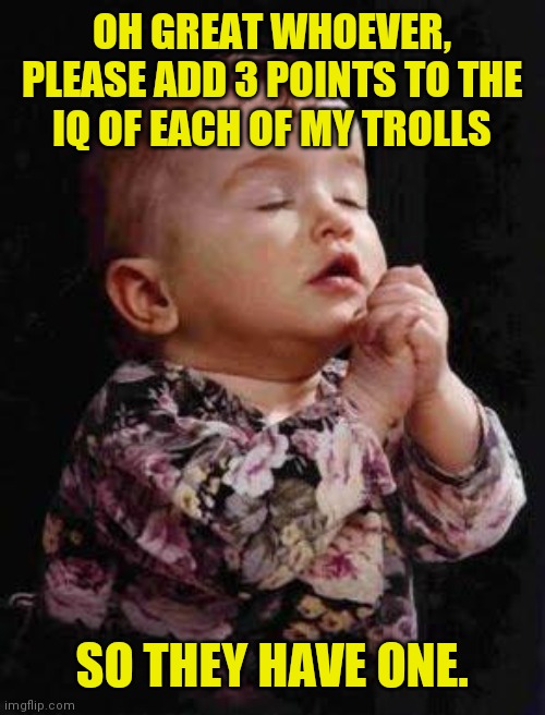 kewlew is my new messiah ( : | OH GREAT WHOEVER, PLEASE ADD 3 POINTS TO THE
IQ OF EACH OF MY TROLLS; SO THEY HAVE ONE. | image tagged in baby praying,memes,thanks kewlew,praying out loud,trolls,my first messiah | made w/ Imgflip meme maker
