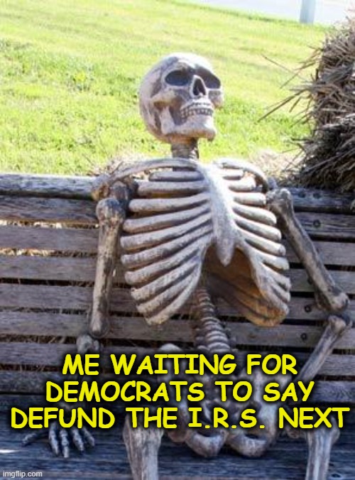 Waiting Skeleton Meme | ME WAITING FOR DEMOCRATS TO SAY DEFUND THE I.R.S. NEXT | image tagged in memes,waiting skeleton,politics | made w/ Imgflip meme maker