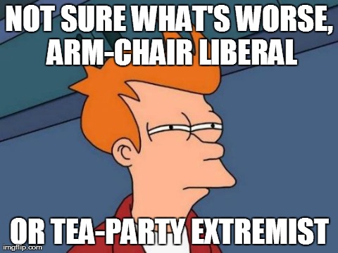 Futurama Fry Meme | NOT SURE WHAT'S WORSE, ARM-CHAIR LIBERAL OR TEA-PARTY EXTREMIST | image tagged in memes,futurama fry | made w/ Imgflip meme maker