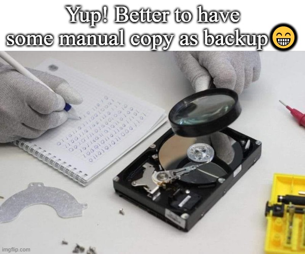 Manual backup guy | Yup! Better to have some manual copy as backup😁 | image tagged in yeah this is big brain time,modern problems require modern solutions,hard drive,backup | made w/ Imgflip meme maker