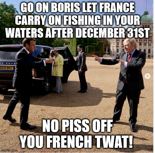 Emmanuel Macron vs Boris Johnson | GO ON BORIS LET FRANCE CARRY ON FISHING IN YOUR WATERS AFTER DECEMBER 31ST; NO PISS OFF YOU FRENCH TWAT! | image tagged in emmanuel macron,boris johnson,brexit,uk,scumbag europe | made w/ Imgflip meme maker