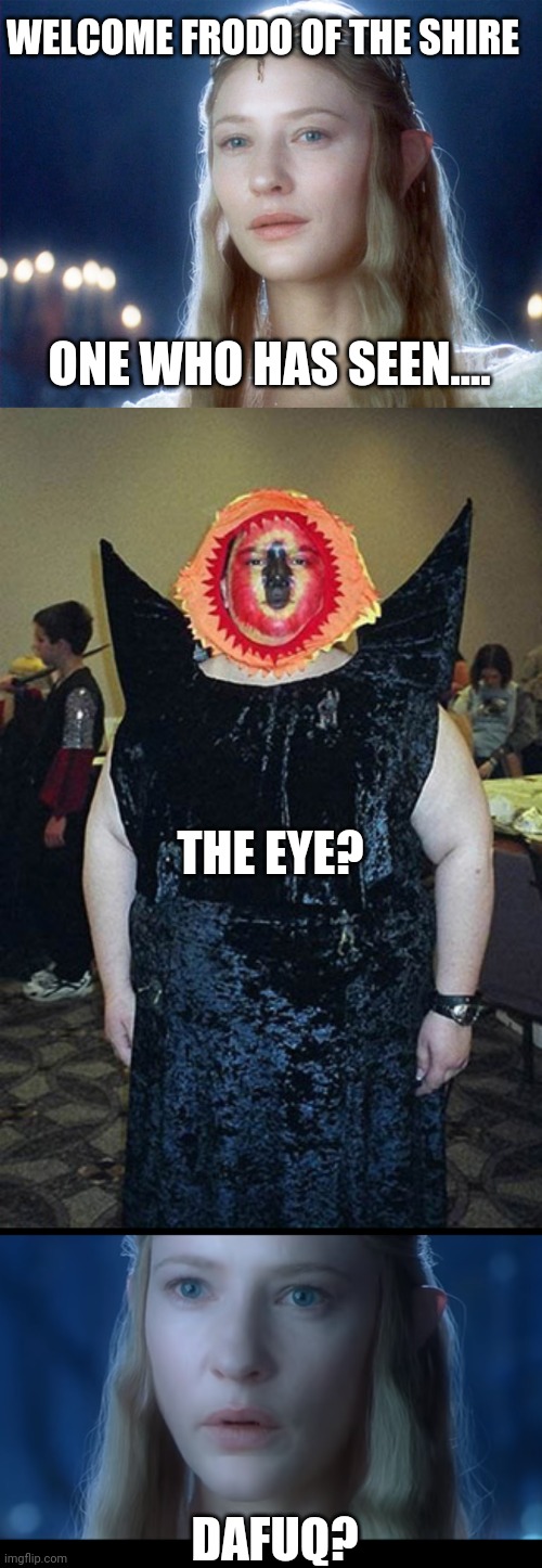 THE EYE OF...WTF | WELCOME FRODO OF THE SHIRE; ONE WHO HAS SEEN.... THE EYE? DAFUQ? | image tagged in memes,elf,lotr,lord of the rings,eye of sauron,cosplay | made w/ Imgflip meme maker