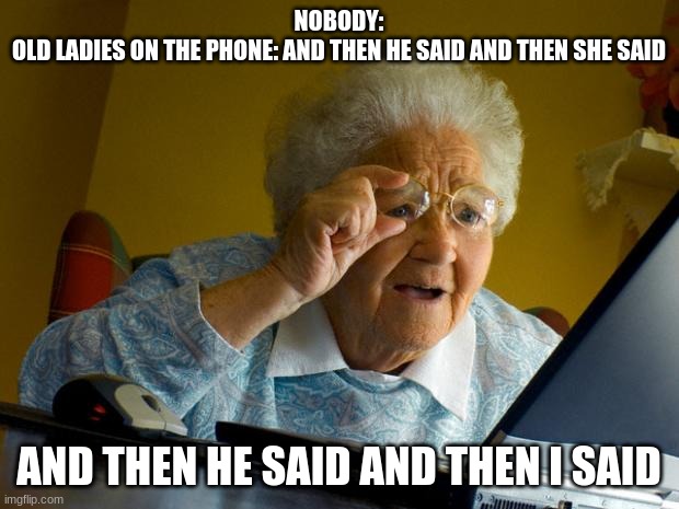 Has this every happened to you- | NOBODY:
OLD LADIES ON THE PHONE: AND THEN HE SAID AND THEN SHE SAID; AND THEN HE SAID AND THEN I SAID | image tagged in old lady at computer finds the internet | made w/ Imgflip meme maker