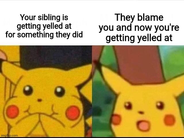Happy and suprised pikachu | They blame you and now you're getting yelled at; Your sibling is getting yelled at for something they did | image tagged in happy and suprised pikachu | made w/ Imgflip meme maker