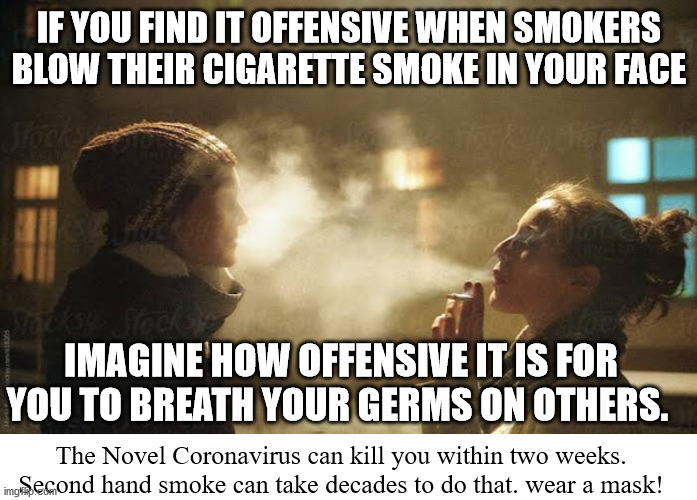 Get your nasty old germs away from me! | IF YOU FIND IT OFFENSIVE WHEN SMOKERS BLOW THEIR CIGARETTE SMOKE IN YOUR FACE; IMAGINE HOW OFFENSIVE IT IS FOR YOU TO BREATH YOUR GERMS ON OTHERS. The Novel Coronavirus can kill you within two weeks. Second hand smoke can take decades to do that. wear a mask! | image tagged in blowing smoke in your face | made w/ Imgflip meme maker