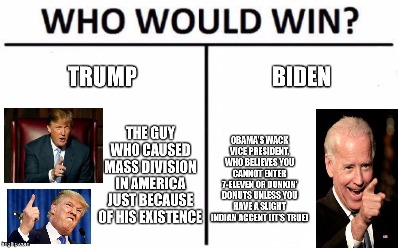 I would vote for meme man | TRUMP; BIDEN; THE GUY WHO CAUSED MASS DIVISION IN AMERICA JUST BECAUSE OF HIS EXISTENCE; OBAMA’S WACK VICE PRESIDENT, WHO BELIEVES YOU CANNOT ENTER 7-ELEVEN OR DUNKIN’ DONUTS UNLESS YOU HAVE A SLIGHT INDIAN ACCENT (IT’S TRUE) | image tagged in memes,who would win | made w/ Imgflip meme maker