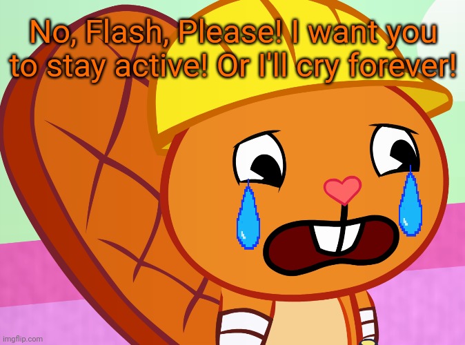 Sad Handy (HTF) | No, Flash, Please! I want you to stay active! Or I'll cry forever! | image tagged in sad handy htf,happy tree friends,memes,comments,sadness | made w/ Imgflip meme maker