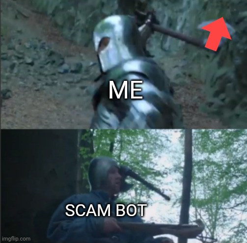 Axe to the Head | ME; SCAM BOT | image tagged in axe to the head,bots,downvote | made w/ Imgflip meme maker