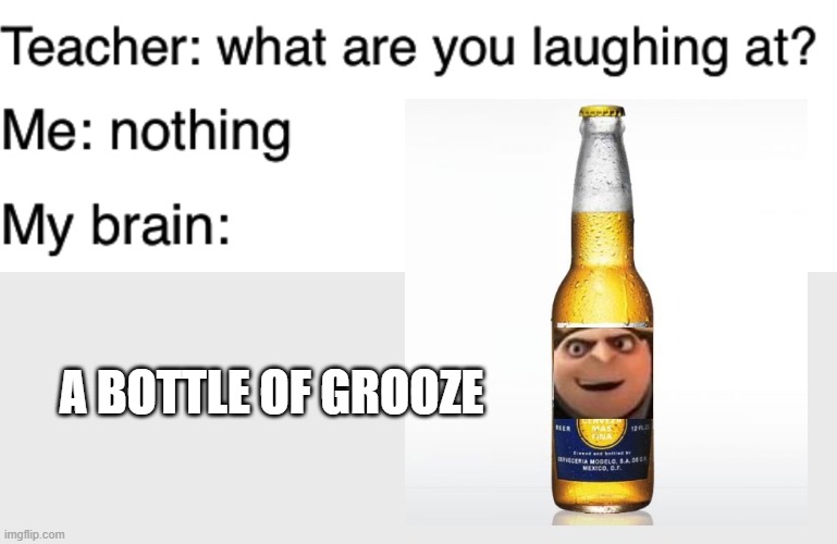 The Grooze Line commences | A BOTTLE OF GROOZE | image tagged in teacher what are you laughing at,booze,beer,despicable me,funny,memes | made w/ Imgflip meme maker
