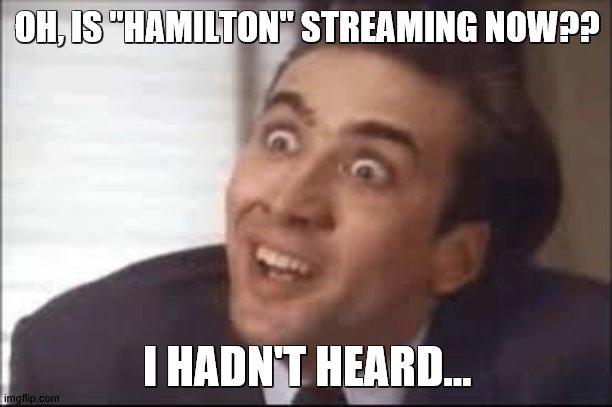 OH, IS "HAMILTON" STREAMING NOW?? I HADN'T HEARD... | image tagged in broadway,nicholas cage,hamilton,facebook | made w/ Imgflip meme maker