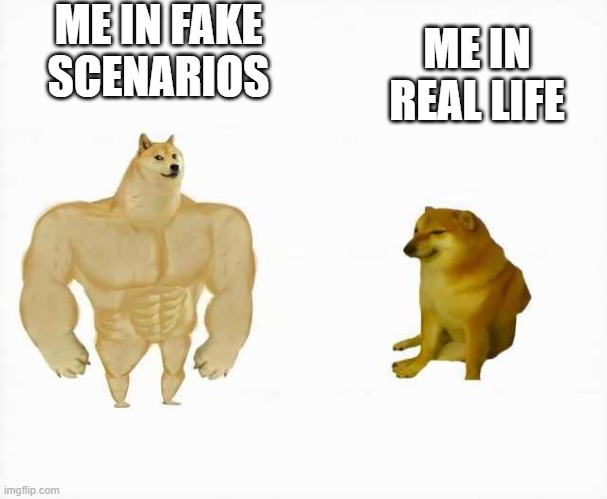 Strong dog vs weak dog | ME IN FAKE SCENARIOS; ME IN REAL LIFE | image tagged in strong dog vs weak dog | made w/ Imgflip meme maker