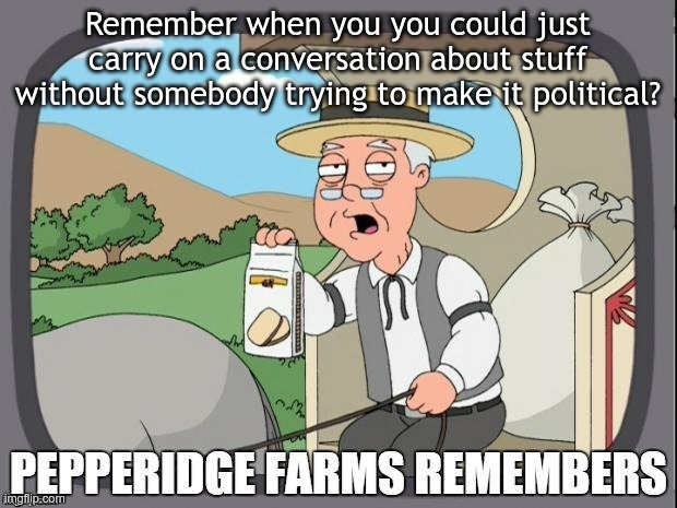 PEPPERIDGE FARMS REMEMBERS | Remember when you you could just carry on a conversation about stuff without somebody trying to make it political? | image tagged in pepperidge farms remembers | made w/ Imgflip meme maker